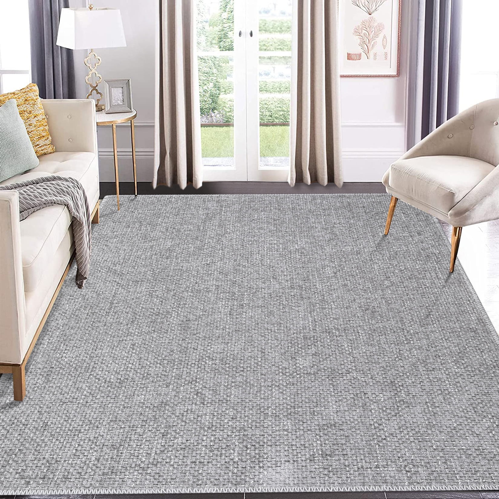 GlowSol 8' x 10' Area Rug Modern Solid Textured Area Rug Indoor Low Pile Anti-Slip Floor Cover Foldable Accent Rug for Dining Room Home Office, Light Gray